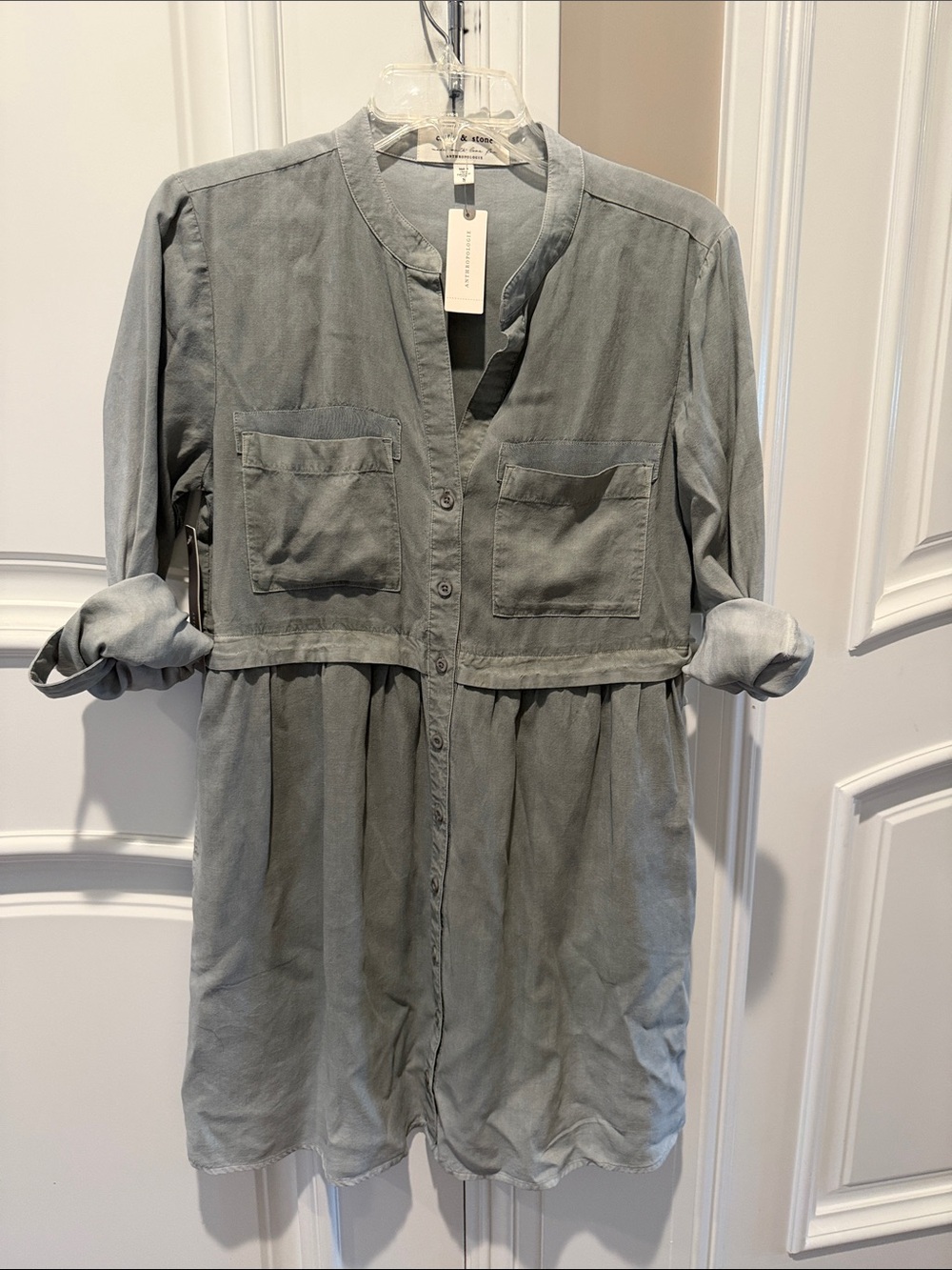 cloth & stone Gray/Green Button-Front Long-Sleeve Shirt Dress